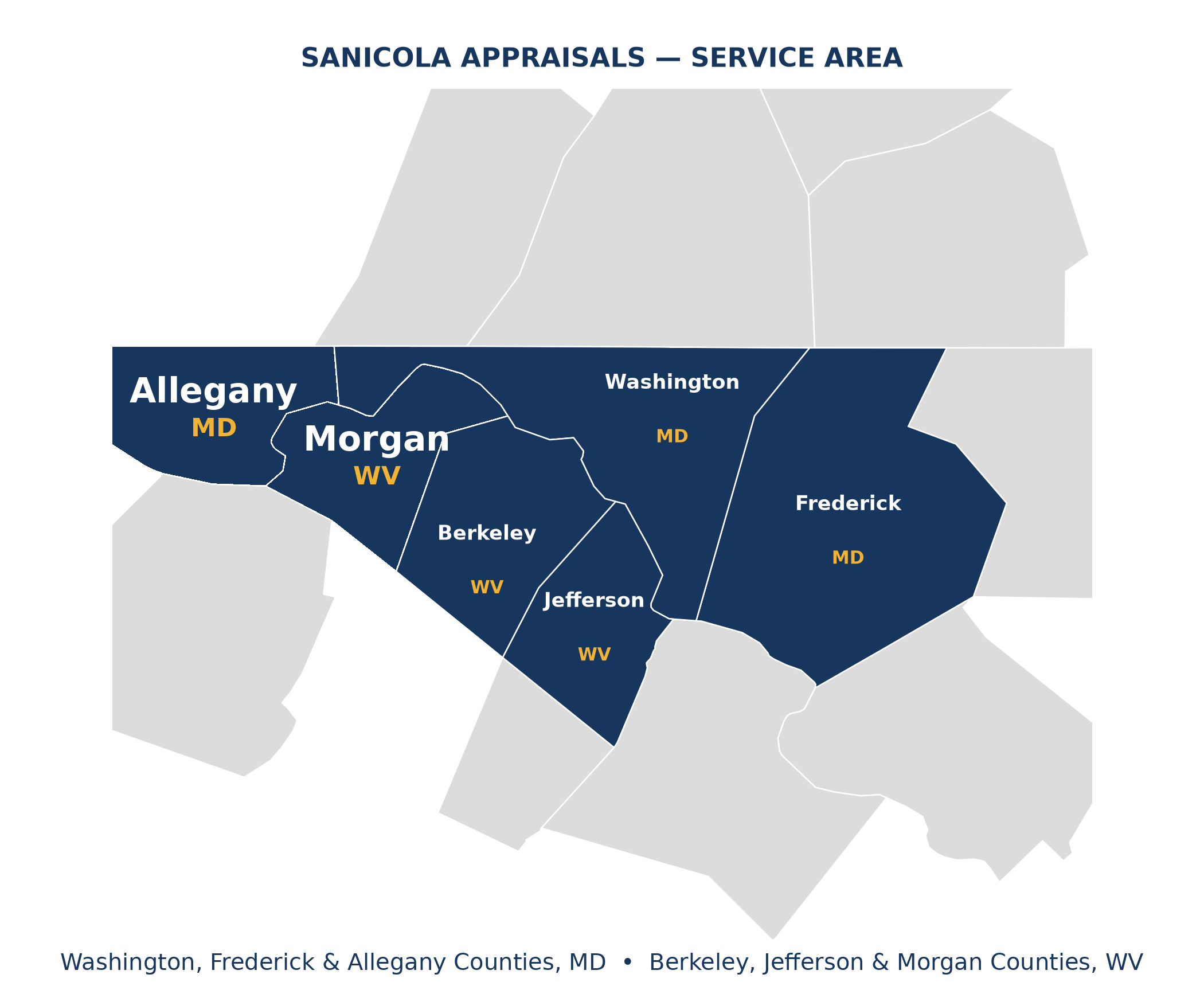 Map of the Sanicola Appraisals service area: Washington and Frederick Counties in Maryland, Berkeley and Jefferson Counties in West Virginia